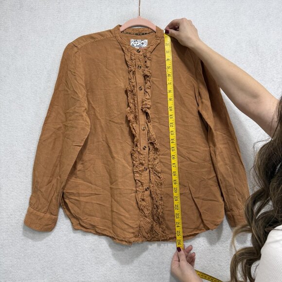 Pilcro Shirt Womens Small Brown Linen Blend Ruffle Button Front Anthropologie - Picture 5 of 9